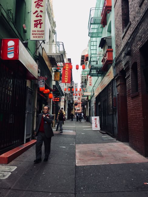A narrow street scene in Chinatown during daytime, with multi-storey red brick buildings on both sides displaying various vertical and horizontal signs written in Chinese and English, including restau